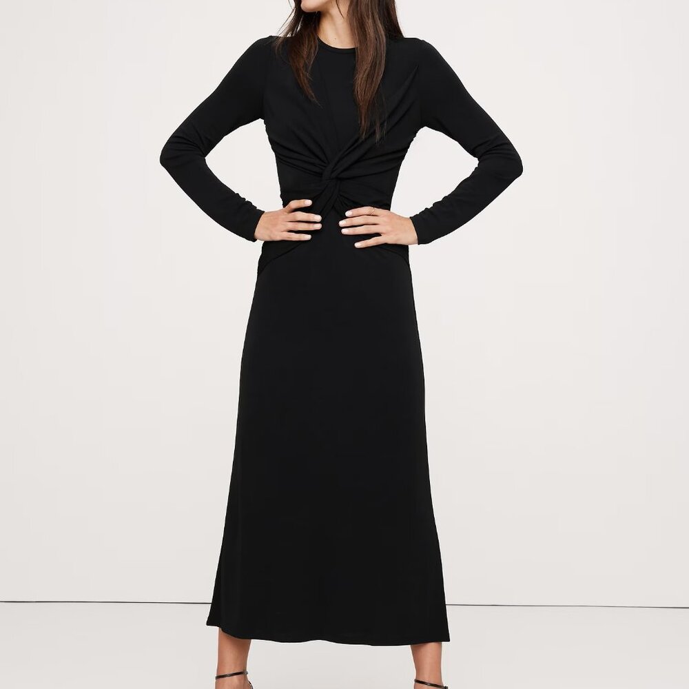 NWT Banana Republic Classic Black LBD Jersey Knit Twist-Front Midi Party Dress S